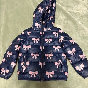 Navy Puffer Jacket with Pink Bows